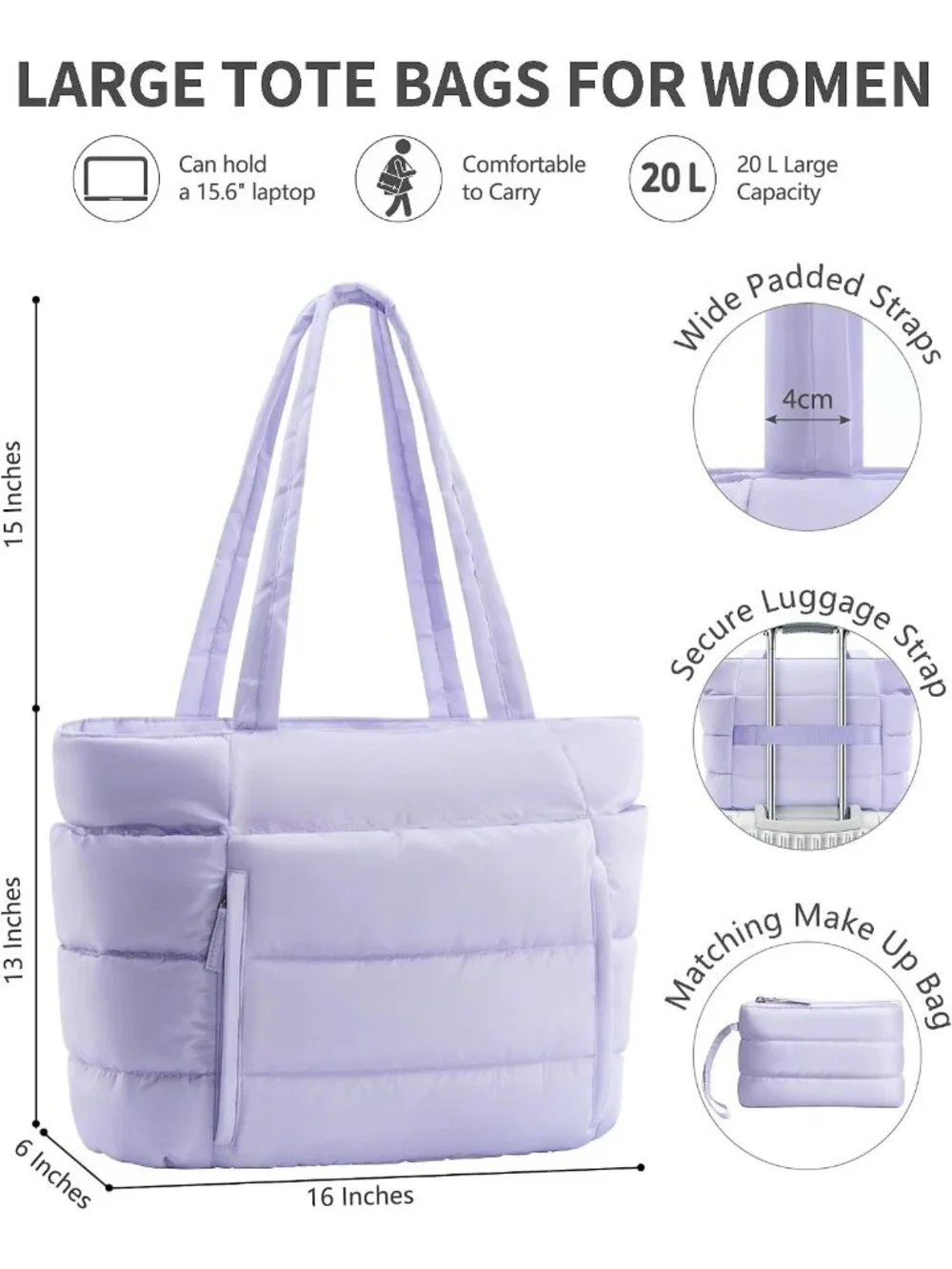 👜Women's Purple Puffer Tote Bag 16 Pockets Work Gym Travel Laptop Handbag
